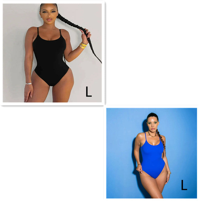 Swimsuit  | Sling Backless Plus Size Solid Color Triangle One-piece Swimsuit | Black Blue Round Neck |  L| thecurvestory.myshopify.com