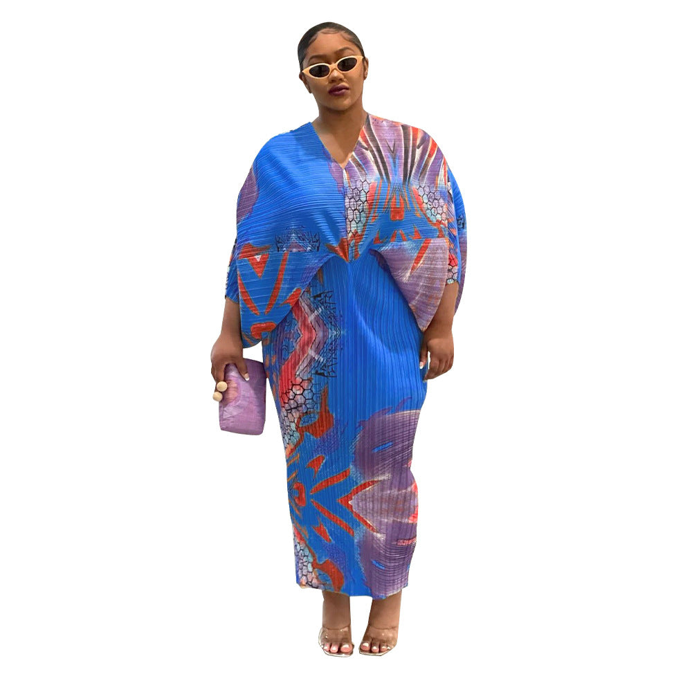 Dress  | Free Size Women V-neck Batwing Sleeve Printing Dress Kimono | Blue Purple |  Free Size| thecurvestory.myshopify.com