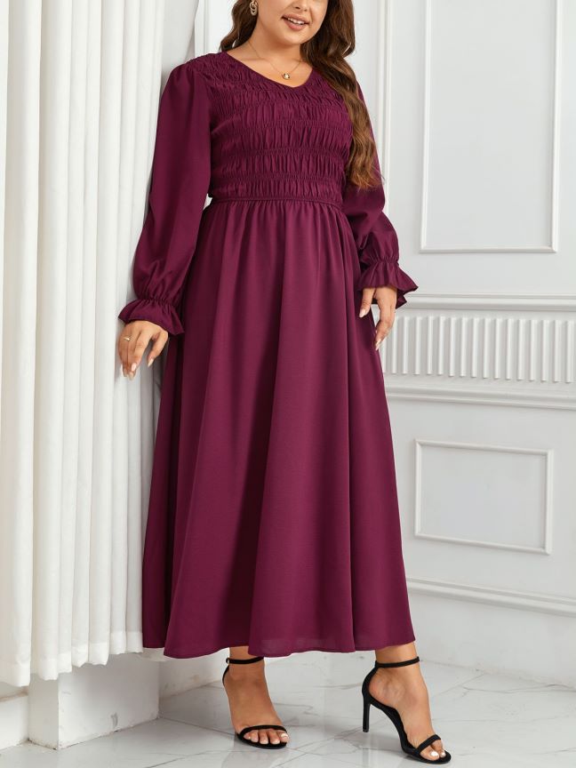 dresses  | Plus size Pleated puff sleeves dress | Rouge |  2XL| thecurvestory.myshopify.com