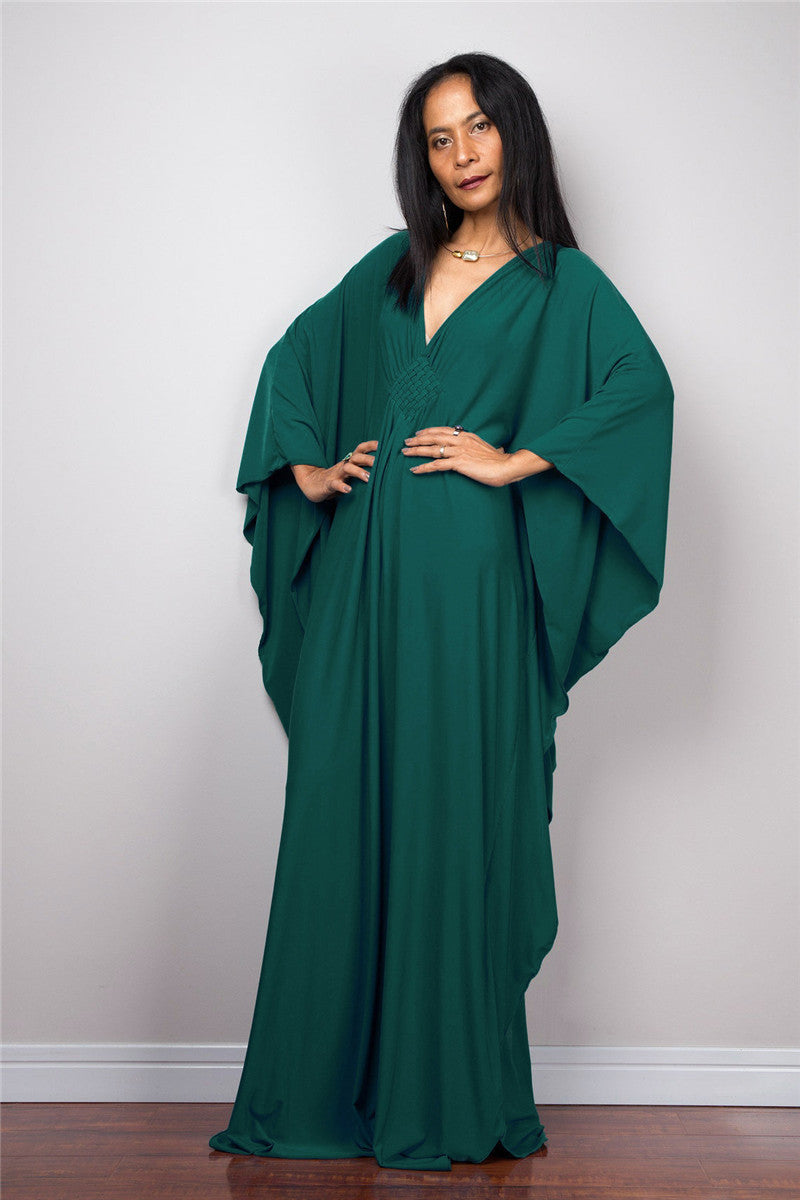 Dress  | Free Size  Chest Woven Loose Plus Size Beach Cover-up Robe Vacation | Dark Green |  Free Size| thecurvestory.myshopify.com