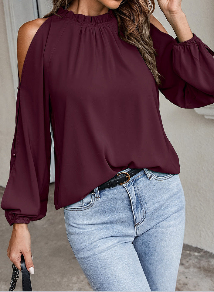 Tops  | Ruffle Round Neck Long Sleeve Pleated Off-shoulder Top | [option1] |  [option2]| thecurvestory.myshopify.com
