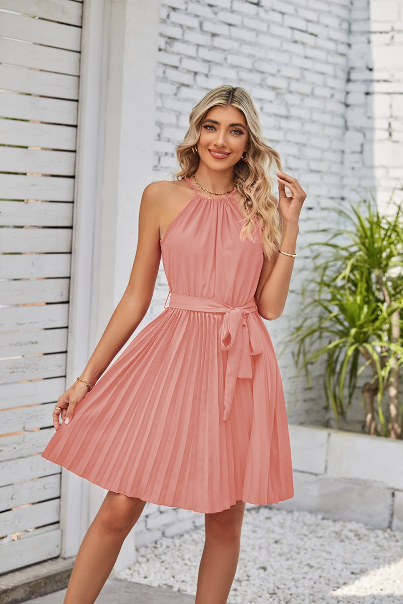 dresses  | Halter Strapless Dresses For Women Solid Pleated Skirt Summer Beach Sundress | Pink |  L| thecurvestory.myshopify.com