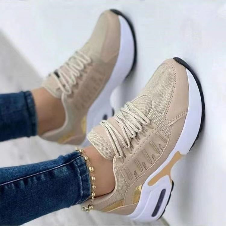 Trainers & Sneakers  | Lace Up Sneakers Women Wedge Heel Running Sports Shoes | Champagne |  Size35| thecurvestory.myshopify.com