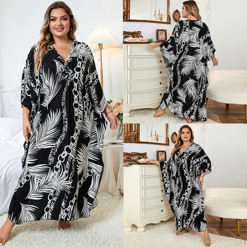 Dress  | Loose Plus Size Robe Vacation Beach Coat | Black And White Leaves |  Free Size| thecurvestory.myshopify.com