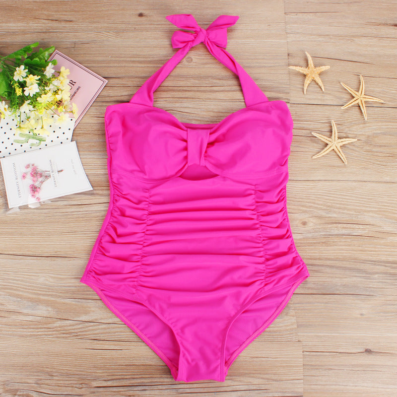 Swimsuit  | Women Plus Size Solid Color Pleating One-piece Swimsuit | Rose |  XL| thecurvestory.myshopify.com