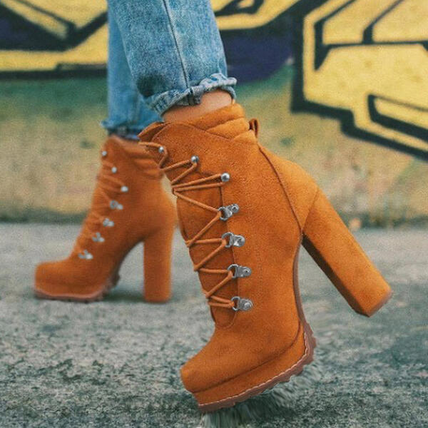 Boots  | Heeled Boots For Women Round Toe Lace UP High Heels Boots Mid Calf Shoes | Brown yellow |  Size35| thecurvestory.myshopify.com