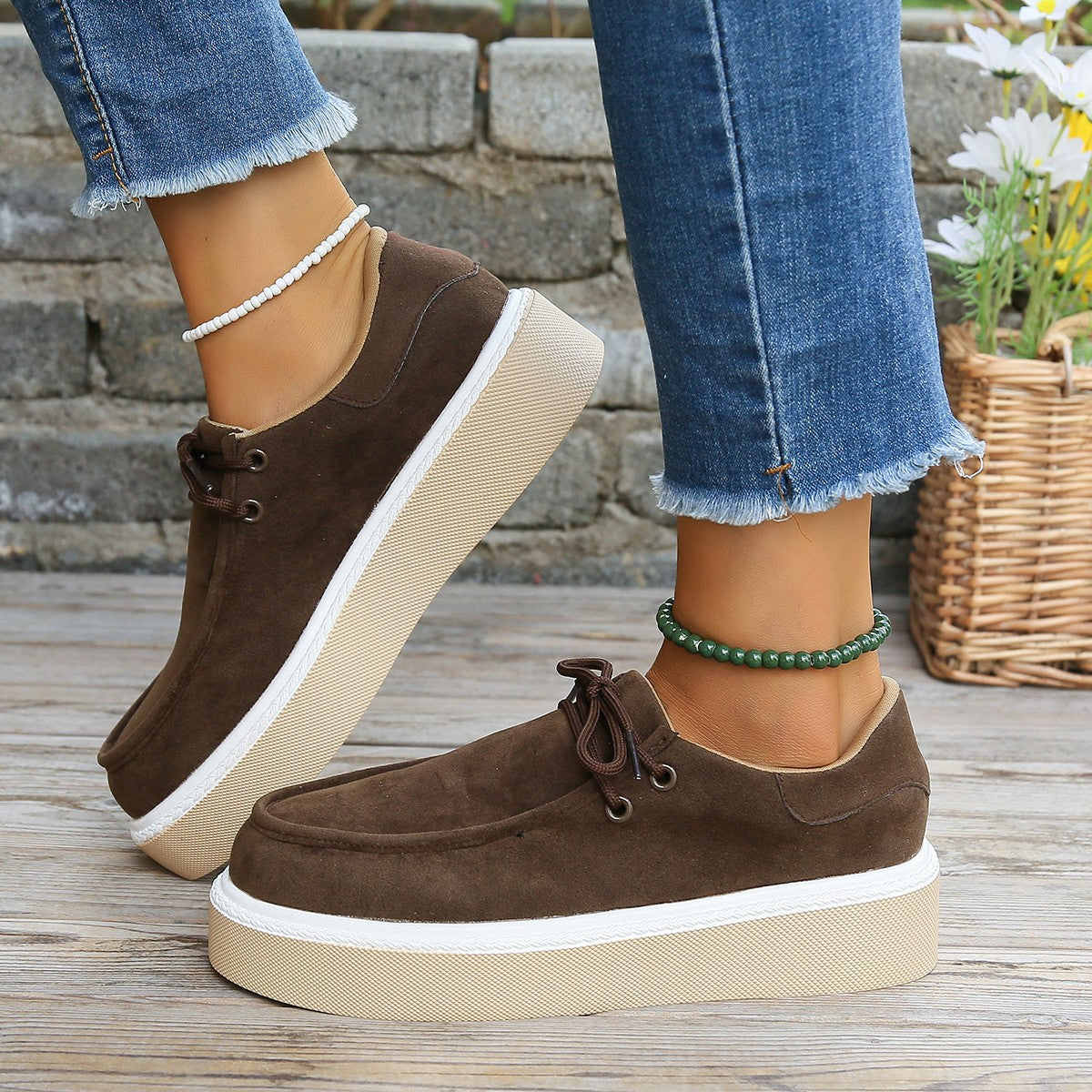 Sneakers  | New Thick Bottom Lace-up Flats Women Solid Color Casual Fashion Lightweight Sneakers | Dark Brown |  Size36| thecurvestory.myshopify.com