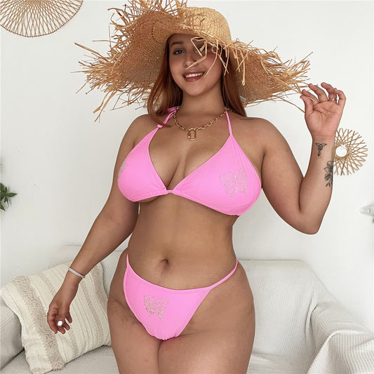 Swimsuit  | Ladies Solid Color Plus Size Rhinestone Lace-Up Swimsuit | Pink |  2XL| thecurvestory.myshopify.com