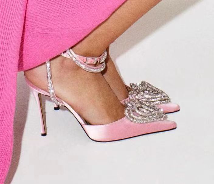 Heeled Sandals  | Women's Fashionable All-match Heart-shaped Rhinestone heeled Sandals | Pink |  34| thecurvestory.myshopify.com