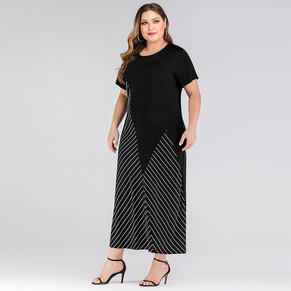 Plus Size Women Dress Black Round Neck Short Sleeve Contrast Color Stripe Patchwork Maxi Dresses