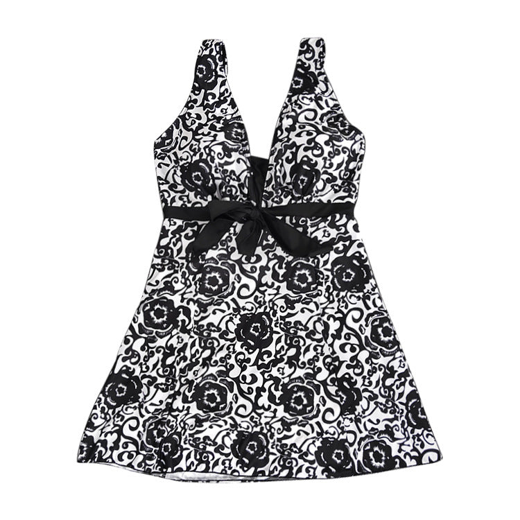 Swimsuit  | Printed plus-size skirt split swimsuit | Black |  3XL| thecurvestory.myshopify.com