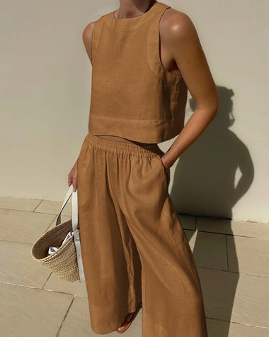 Jumpsuit  | Loose Solid Color Sleeveless Shirt And Trousers Two-piece Set | Orange |  L| thecurvestory.myshopify.com