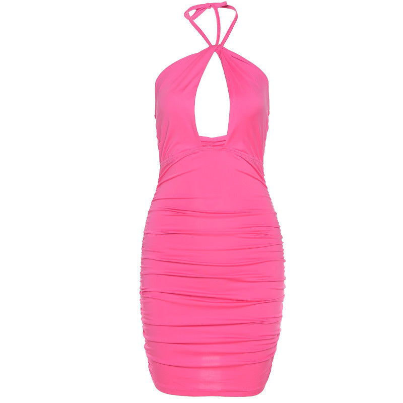 dresses  | Dress Sleeveless Solid Color Folds Slim Sheath Package Hips Backless Dress | Rose Red |  L| thecurvestory.myshopify.com