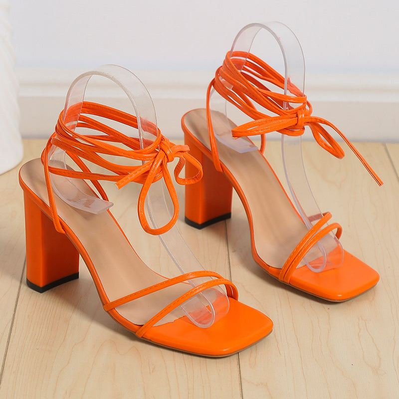 Heeled Sandals  | Lace Up Strappy Sandals Summer Chunky Heel Square Toe Shoes Fashion | Orange |  Size35| thecurvestory.myshopify.com