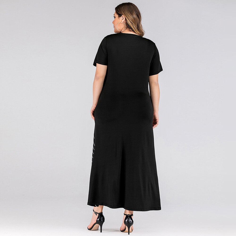 Dress  | Plus Size Women Dress Black Round Neck Short Sleeve Contrast Color Stripe Patchwork Maxi Dresses | |  | thecurvestory.myshopify.com