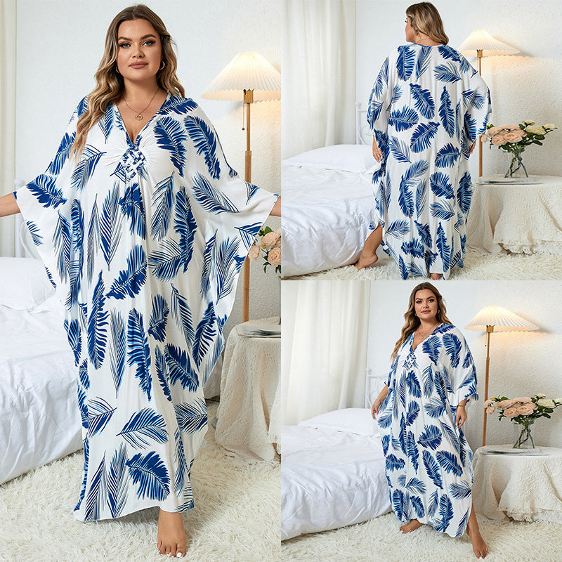 Dress  | Loose Plus Size Robe Vacation Beach Coat | Blue Leaves |  Free Size| thecurvestory.myshopify.com