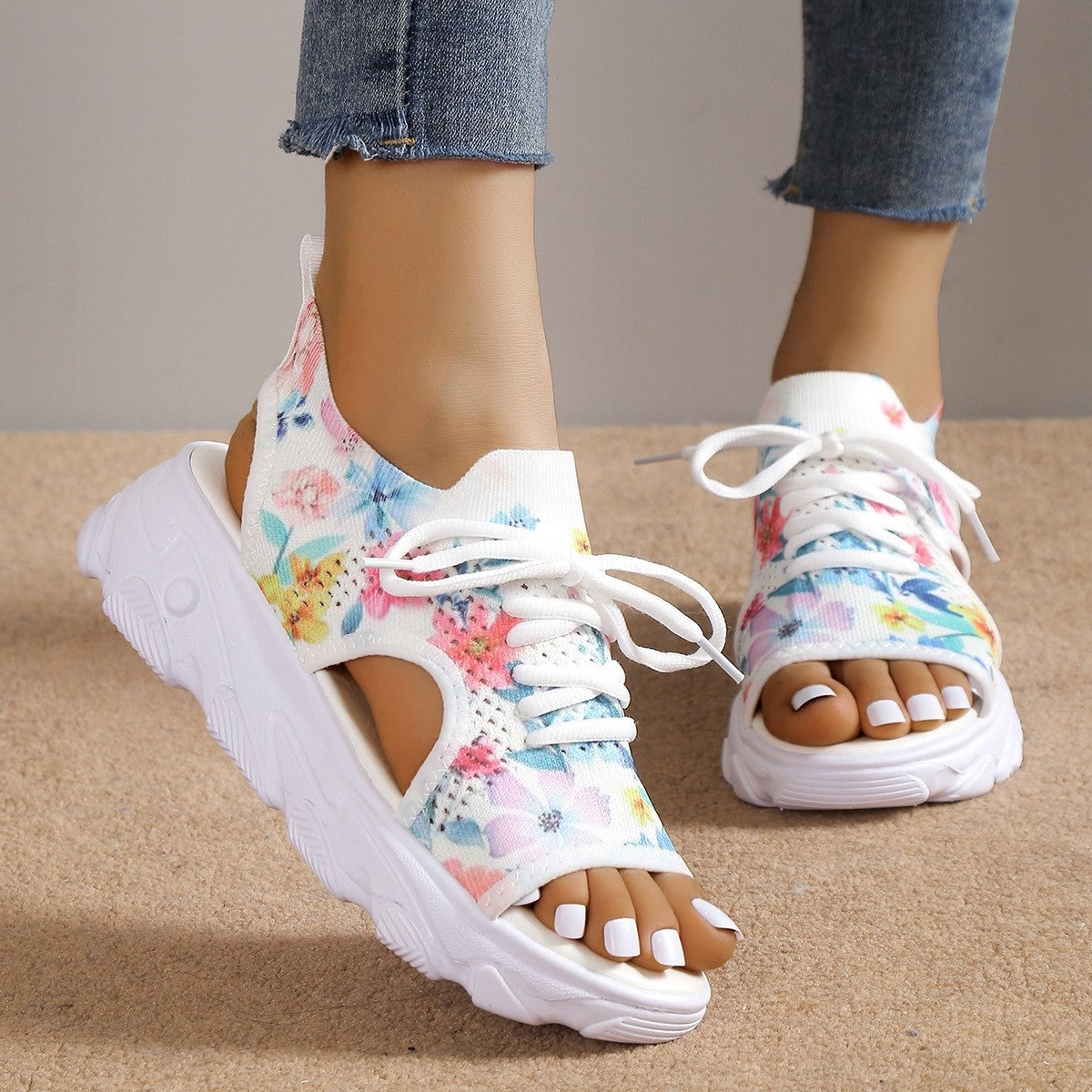 sandals  | Print Lace-up Sports Sandals Summer Peep Toe Casual Mesh Shoes | White Flower |  35.| thecurvestory.myshopify.com