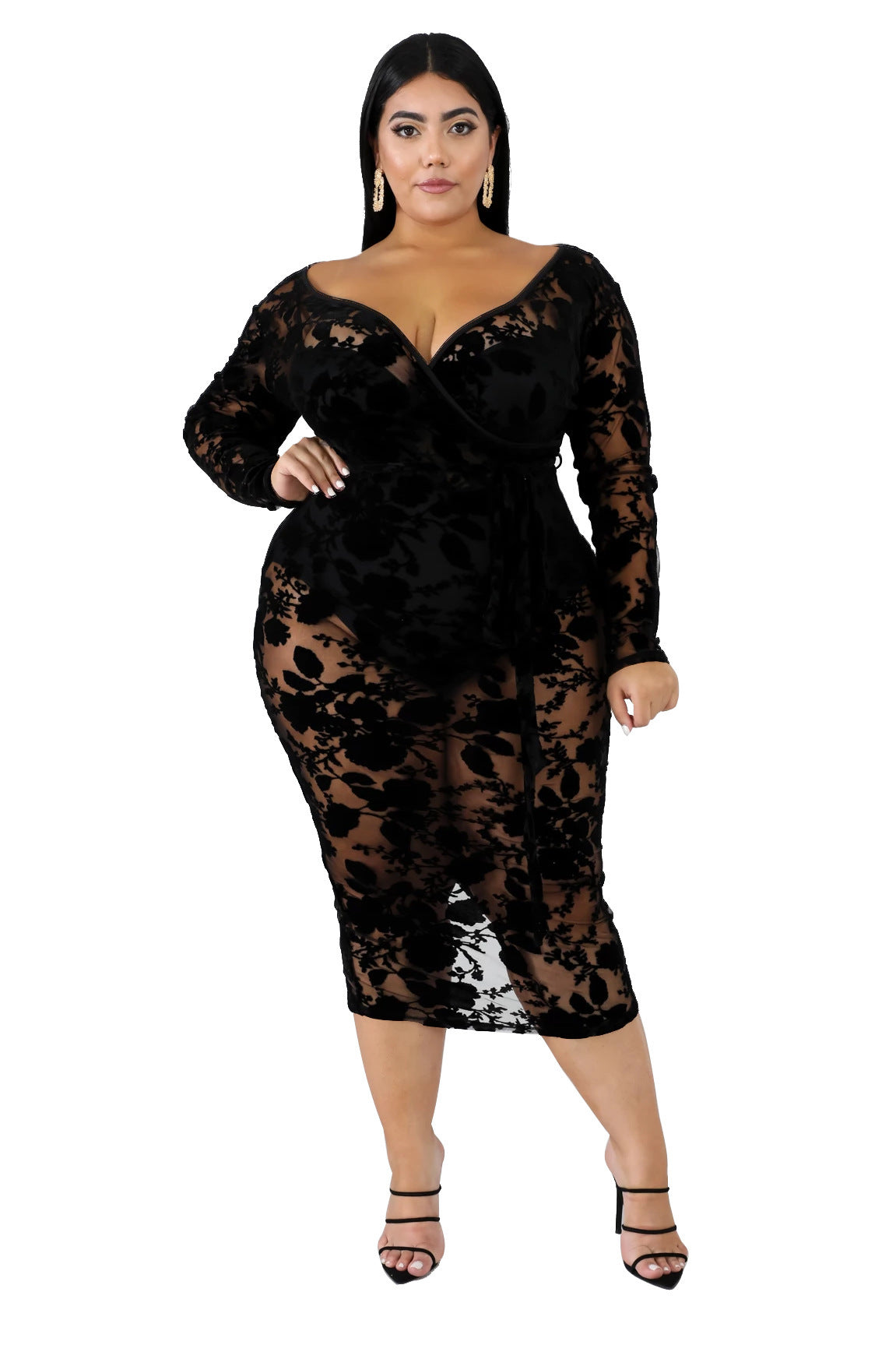 Dress  | Women Plus Size Embroided Lace See through Dress | Black |  2XL| thecurvestory.myshopify.com