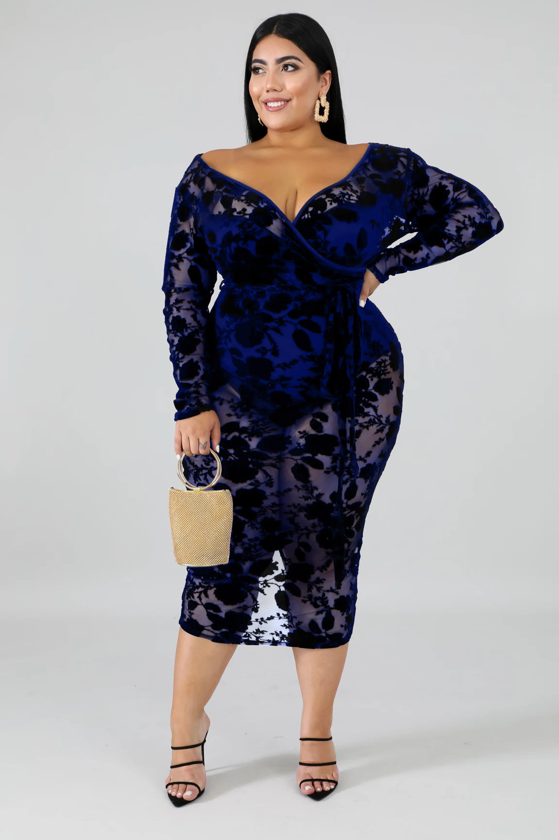 Dress  | Women Plus Size Embroided Lace See through Dress | Blue |  2XL| thecurvestory.myshopify.com