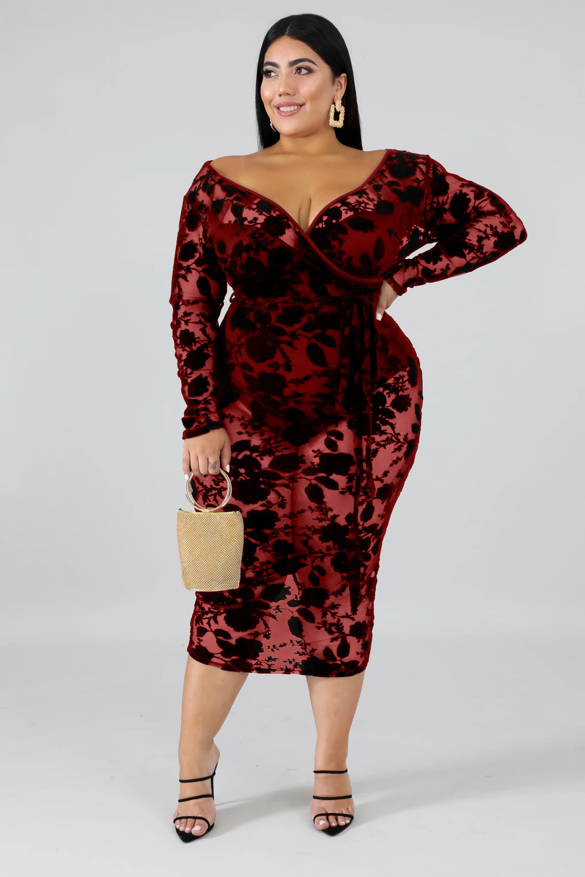 Dress  | Women Plus Size Embroided Lace See through Dress | Red |  2XL| thecurvestory.myshopify.com