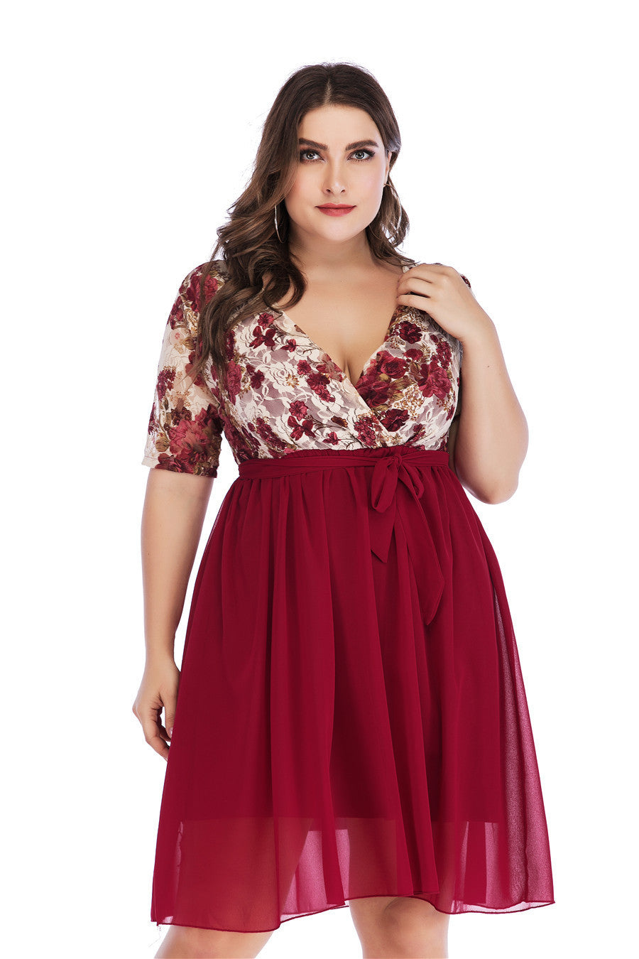 dresses  | Women Plus size Short Sleeve Floral Evening Dress | Wine Red |  2XL| thecurvestory.myshopify.com