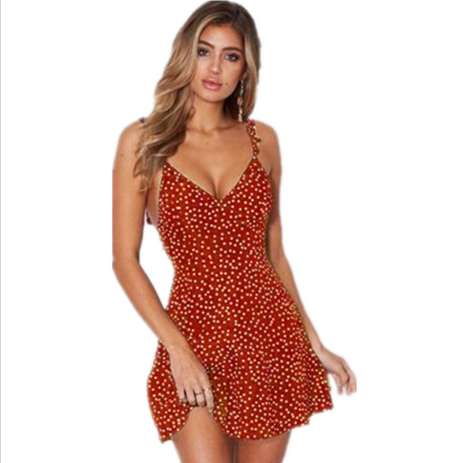 dresses  | Polka-dot Strappy Dress Women Summer Fashion Beach Sundress | Red |  3XL| thecurvestory.myshopify.com