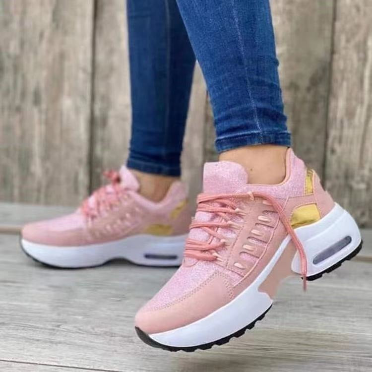 Trainers & Sneakers  | Lace Up Sneakers Women Wedge Heel Running Sports Shoes | Pink |  Size35| thecurvestory.myshopify.com