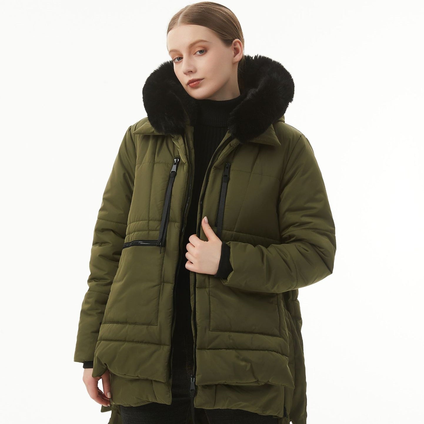 jackets  | Women's Casual Hooded Middle Long Cotton-padded Coat | Army Green |  L| thecurvestory.myshopify.com