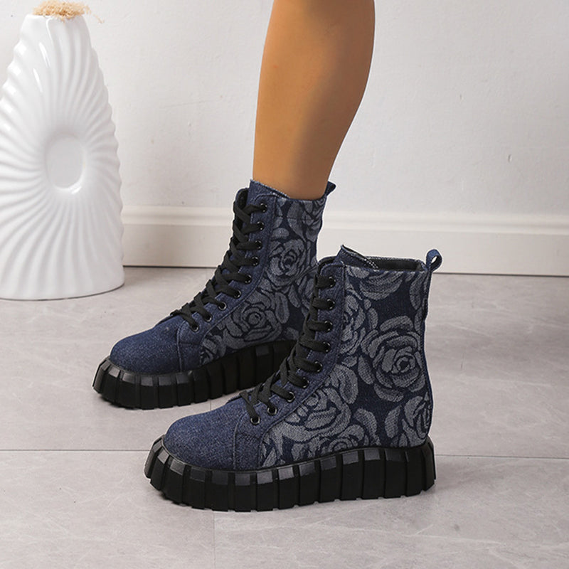 Boots  | Women's Floral Printed Chunky Lace up Ankle Boot | [option1] |  [option2]| thecurvestory.myshopify.com