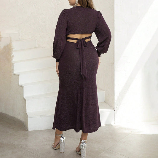Dress  | Plus Size Women's Dress V-neck Long Sleeve Fat Sister Slimming Dress | |  | thecurvestory.myshopify.com