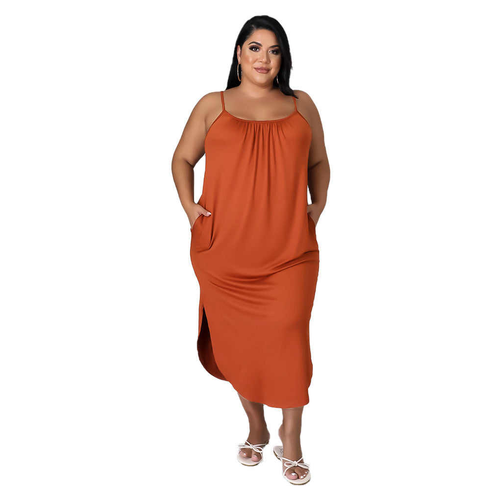 Women Plus Size Spaghetti Strap Solid Color Wrapped Dress