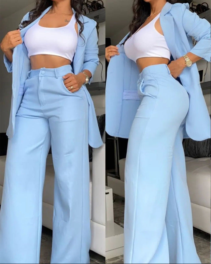 co-ord sets  | Women Plus Size Plain Color Sleeve Lapel Suit Pocket Straight-leg Pants Suit | Light Blue |  L| thecurvestory.myshopify.com