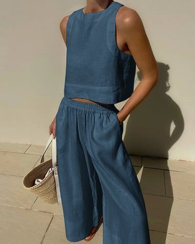Jumpsuit  | Loose Solid Color Sleeveless Shirt And Trousers Two-piece Set | Blue |  L| thecurvestory.myshopify.com