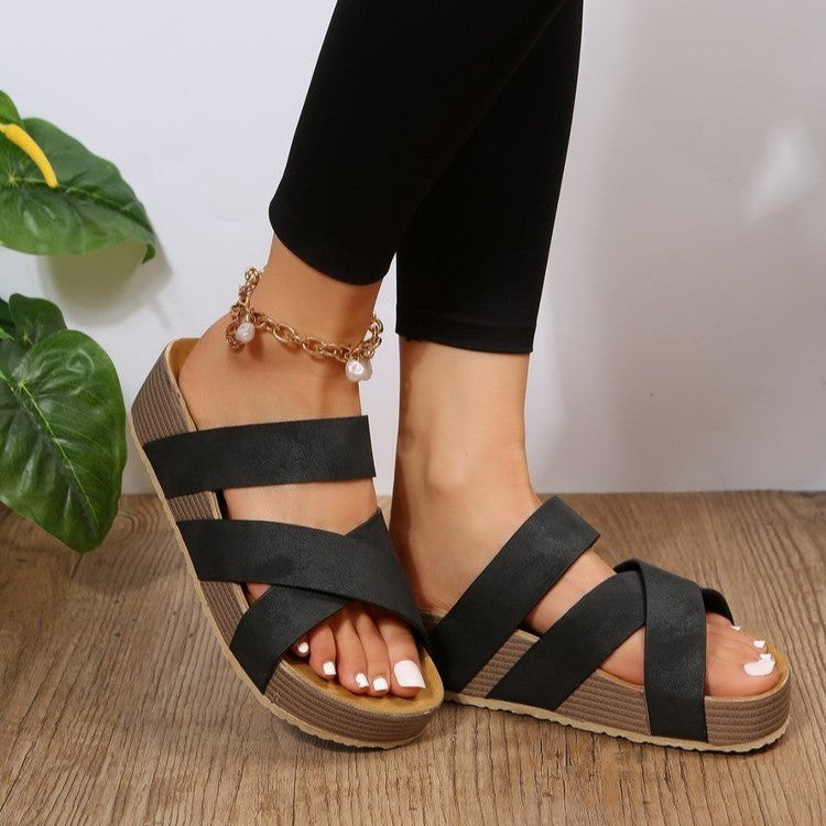 Platform sandals  | Woven Cross-strap Slippers Platform Sandals | Black |  Size35| thecurvestory.myshopify.com