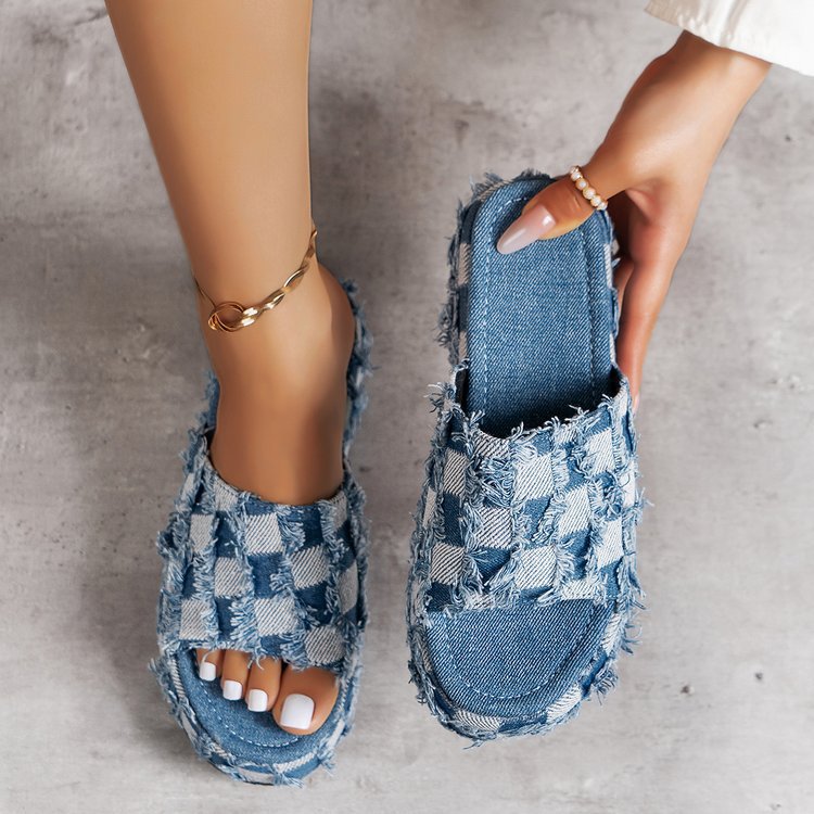 Platform sandals  | Women's Fashion Slope Heel Thick Bottom Outside Wear Denim Slippers | [option1] |  [option2]| thecurvestory.myshopify.com