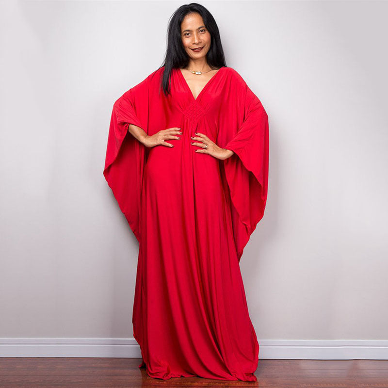 Dress  | Free Size  Chest Woven Loose Plus Size Beach Cover-up Robe Vacation | Bright Red |  Free Size| thecurvestory.myshopify.com
