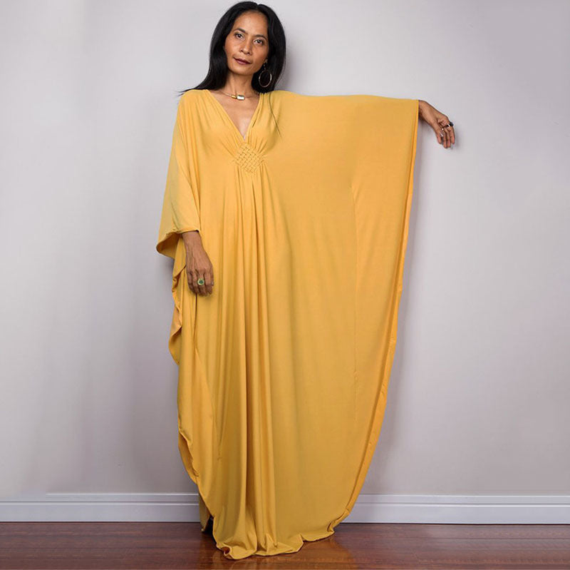 Dress  | Free Size  Chest Woven Loose Plus Size Beach Cover-up Robe Vacation | Yellow |  Free Size| thecurvestory.myshopify.com