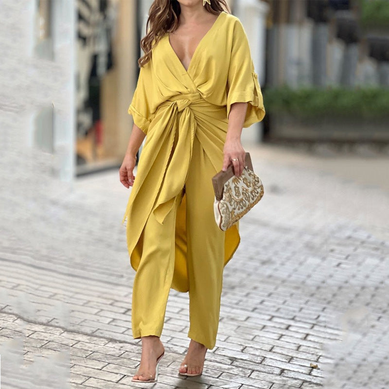 dresses  | Elegance Redefined: Tied V-neck Long Sleeve Leisure Suit for Timeless Temperament | Yellow |  2XL| thecurvestory.myshopify.com