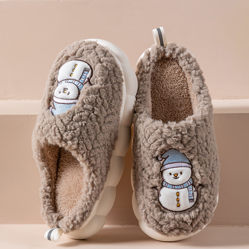 Slippers  | Cute Snowman Slippers Winter Indoor Household Warm Plush Thick-Soled Anti-slip Couple Home Slipper Soft Floor Bedroom House Shoes | Coffee |  40or41| thecurvestory.myshopify.com