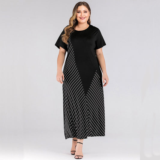 Dress  | Plus Size Women Dress Black Round Neck Short Sleeve Contrast Color Stripe Patchwork Maxi Dresses | Black |  3XL| thecurvestory.myshopify.com