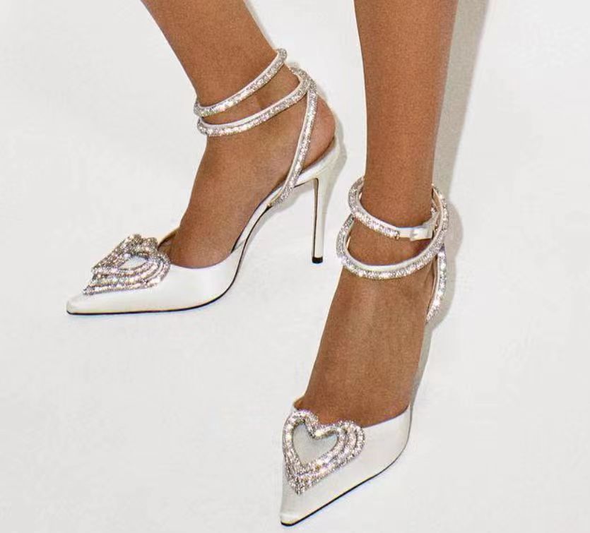 Heeled Sandals  | Women's Fashionable All-match Heart-shaped Rhinestone heeled Sandals | White |  34| thecurvestory.myshopify.com