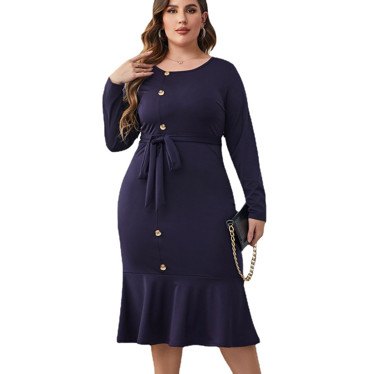 Dress  | Women Plus Size Long Sleeve Belt Long Sheath Fishtail Skirt Dress | |  | thecurvestory.myshopify.com