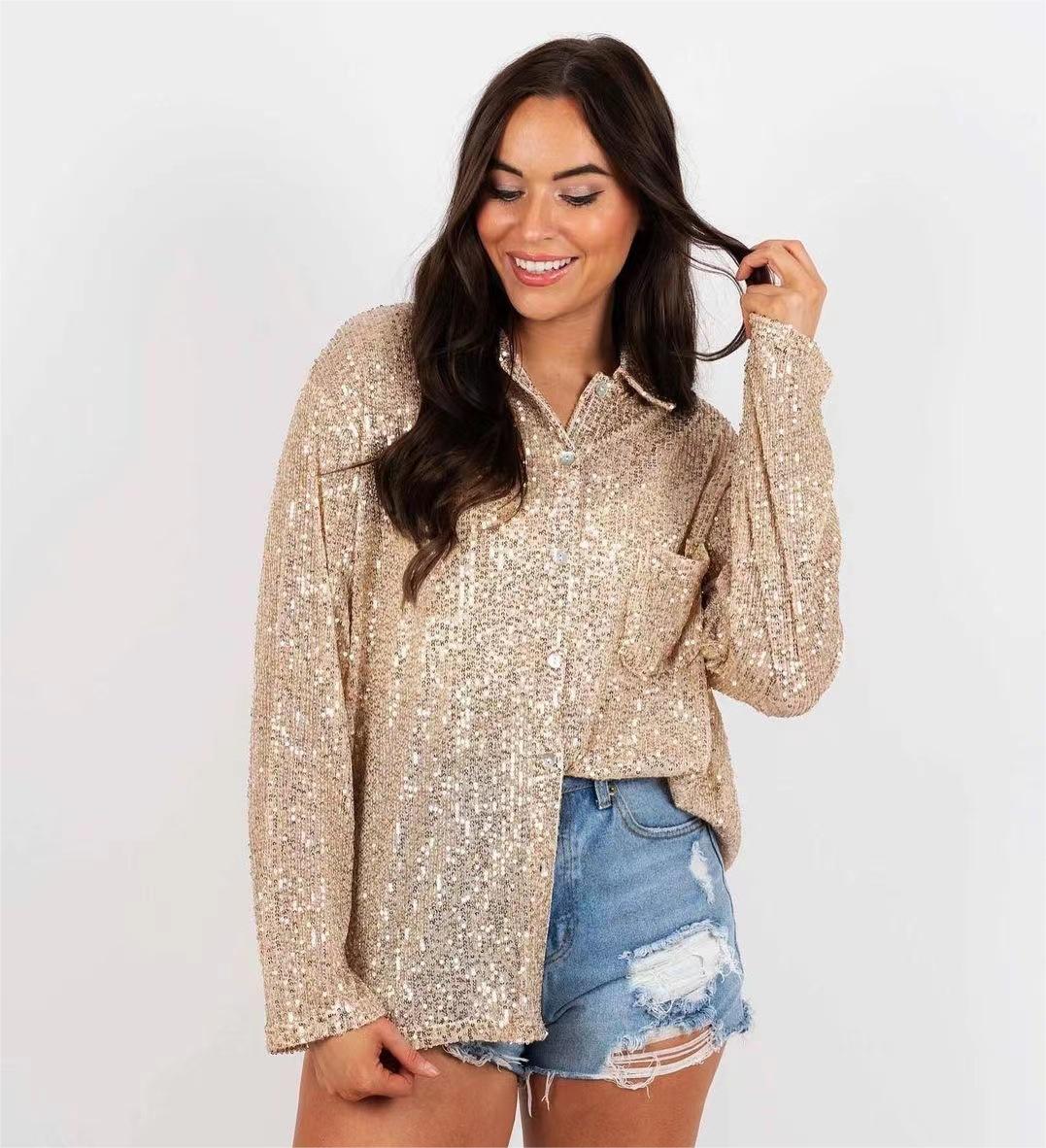 Shirt  | Chic Sequined Long Sleeve Lapel Shirt for Effortless Leisure and Timeless Temperament | |  | thecurvestory.myshopify.com