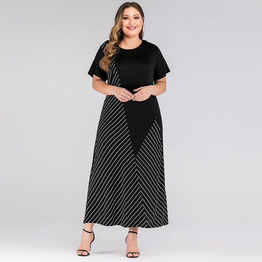 Plus Size Women Dress Black Round Neck Short Sleeve Contrast Color Stripe Patchwork Maxi Dresses