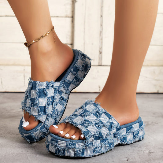 Platform sandals  | Women's Fashion Slope Heel Thick Bottom Outside Wear Denim Slippers | Blue |  35| thecurvestory.myshopify.com