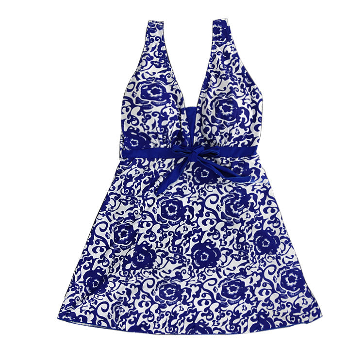 Swimsuit  | Printed plus-size skirt split swimsuit | Blue |  3XL| thecurvestory.myshopify.com
