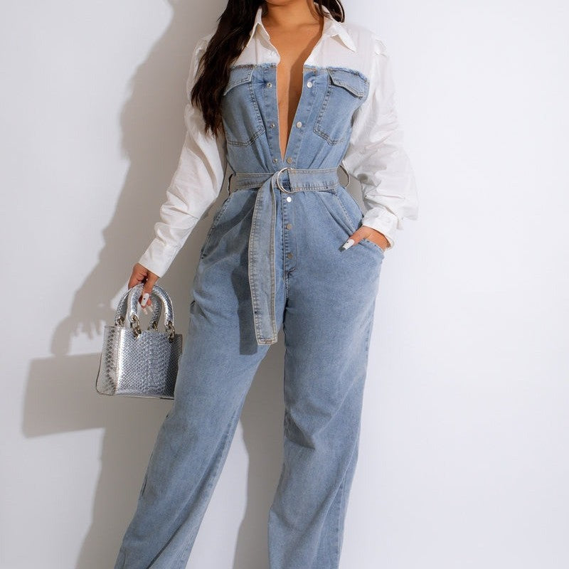 Curve Queen Chic: Playful Plus Size Casual Denim Stitching Jumpsuit for Effortless Style