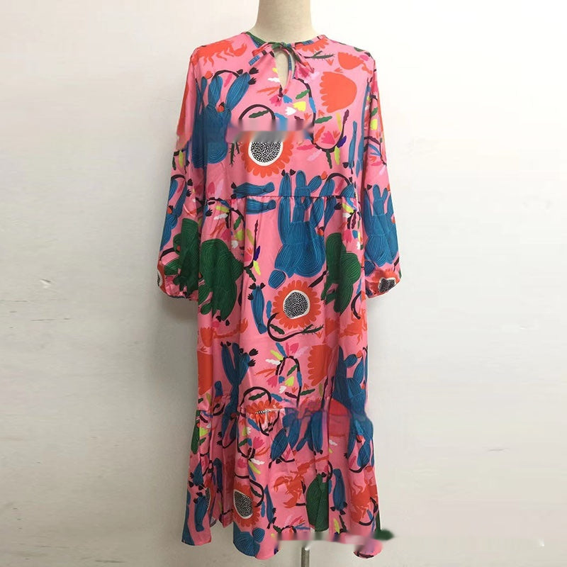 Dress  | Women  Plus Size Loose Printed Long-sleeve Round-collar Dress | |  | thecurvestory.myshopify.com