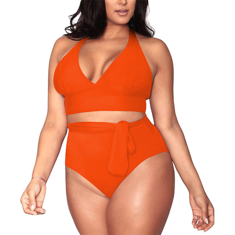 Swimsuit  | Plus size straps sexy bikini multi-rope belt deep V high waist swimsuit women | Orange |  3XL| thecurvestory.myshopify.com