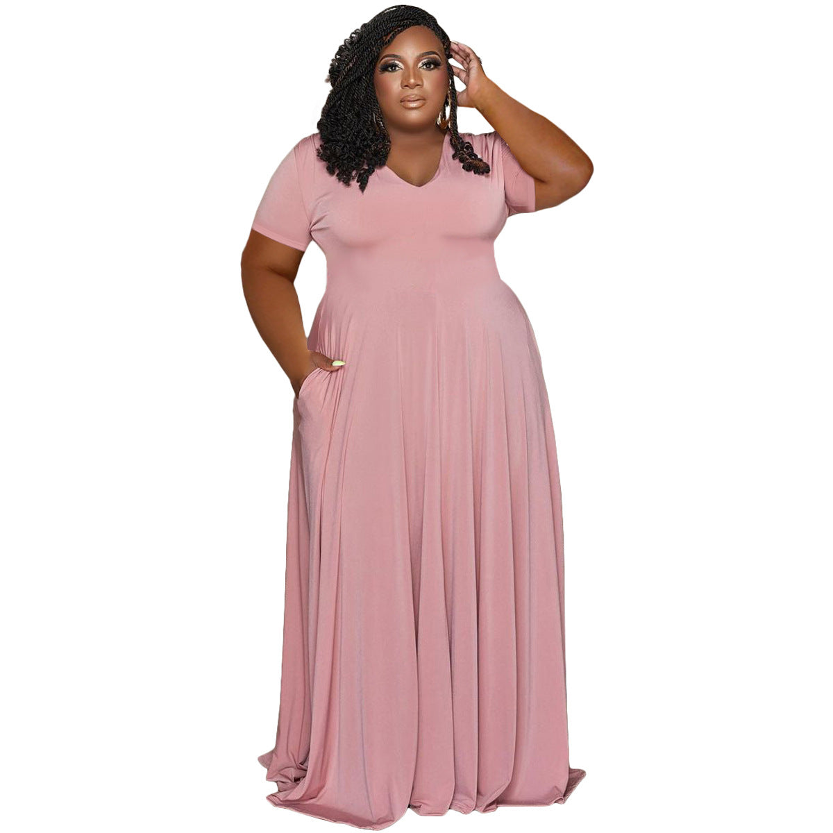 dresses  | Plus Size Women Casual Fashion V-neck Solid Color long Dress | Pink |  2XL| thecurvestory.myshopify.com